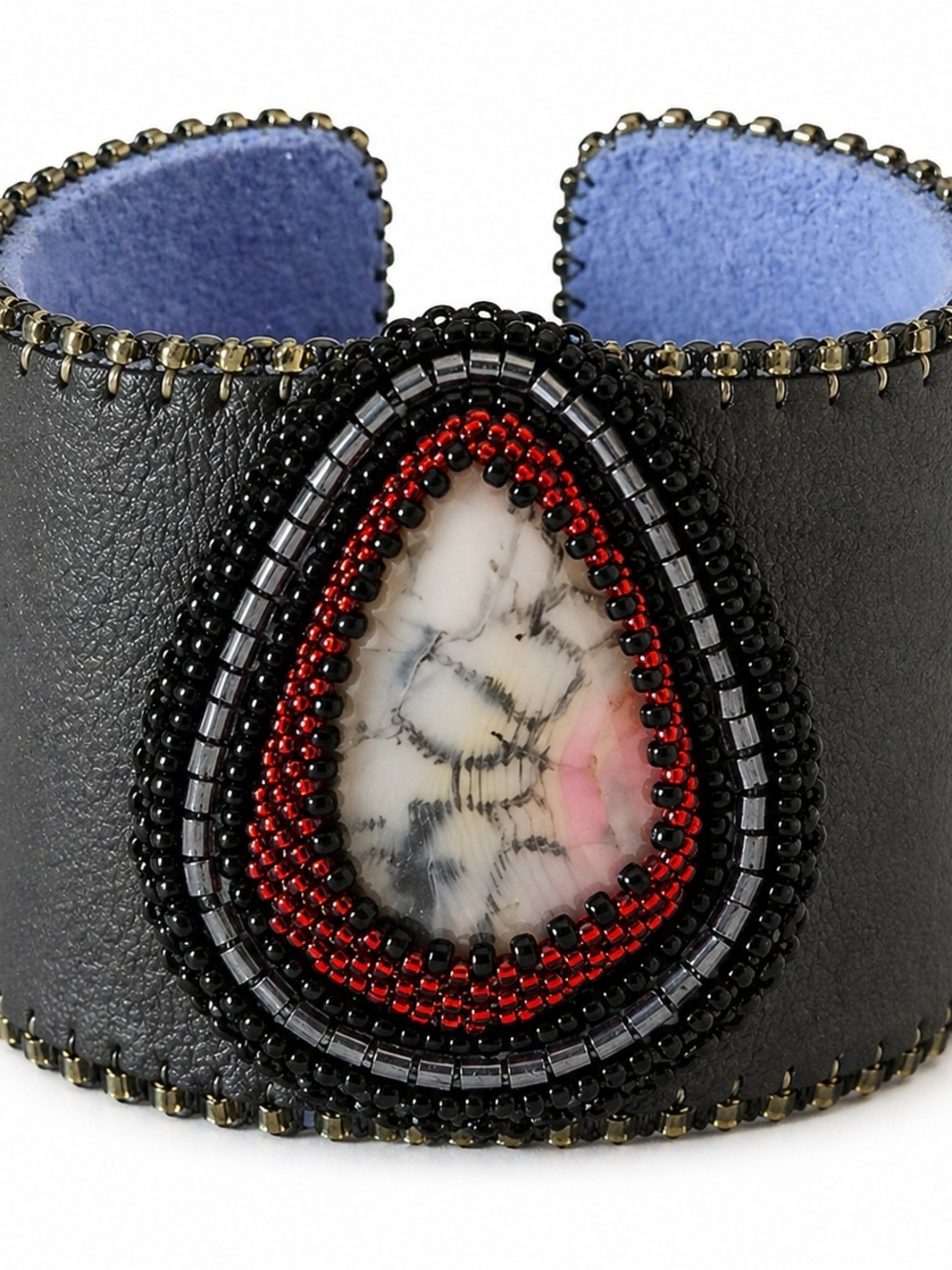 Black Leather Cuff Bracelet with Beaded Teardrop Accent
